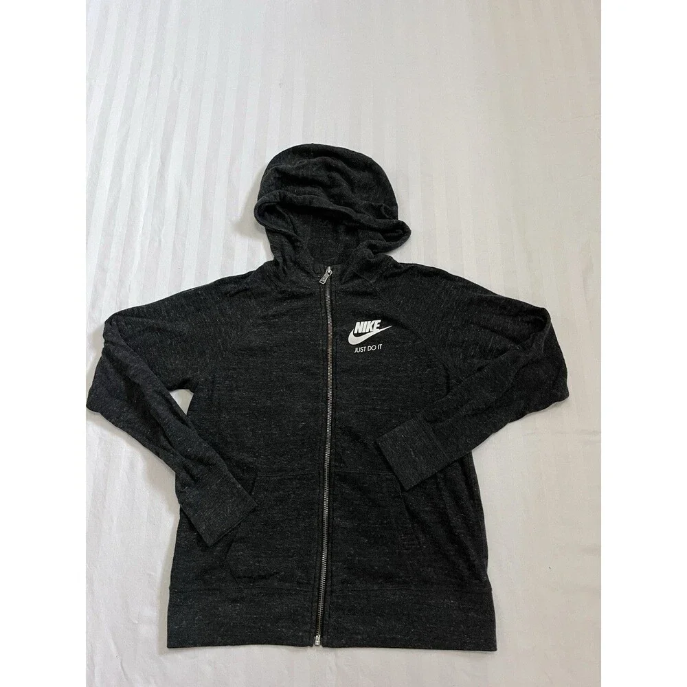 Nike Gym Vintage Hoodie Full Zip Charcoal Black Heathered Jacket Women's Large L